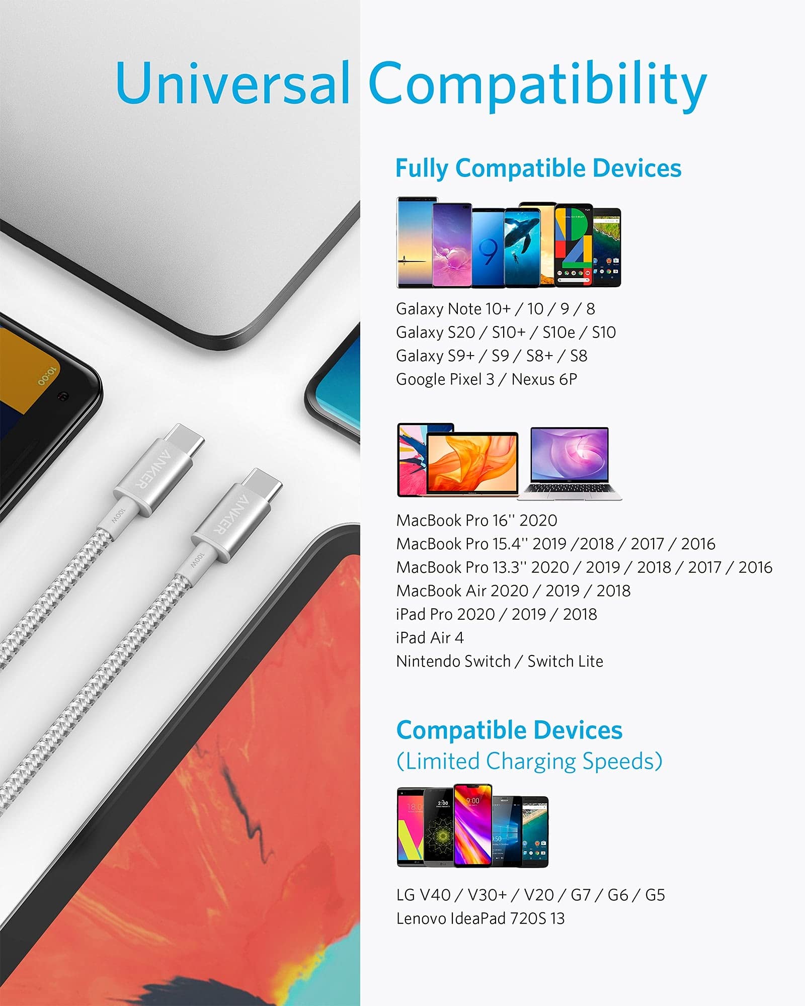 New Nylon USB-C to USB-C 100W Cable (10 ft) Z9