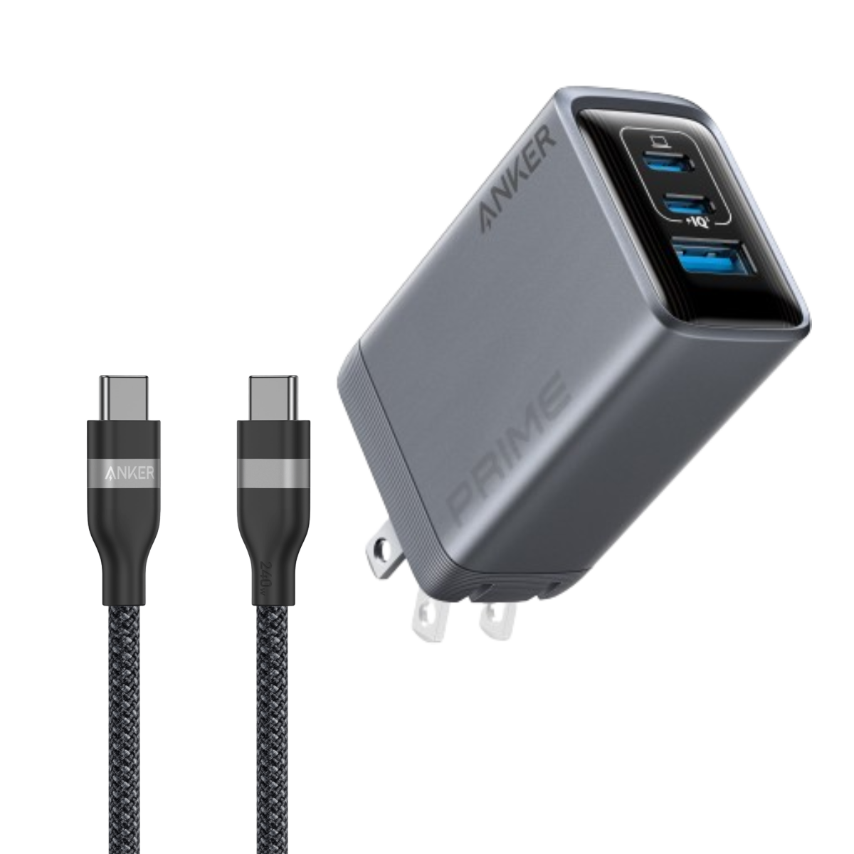 Prime Charger (100W, 3 Ports, GaN) and USB-C to USB-C Cable (3 ft / 6 ft, 240W, Upcycled-Braided) T7