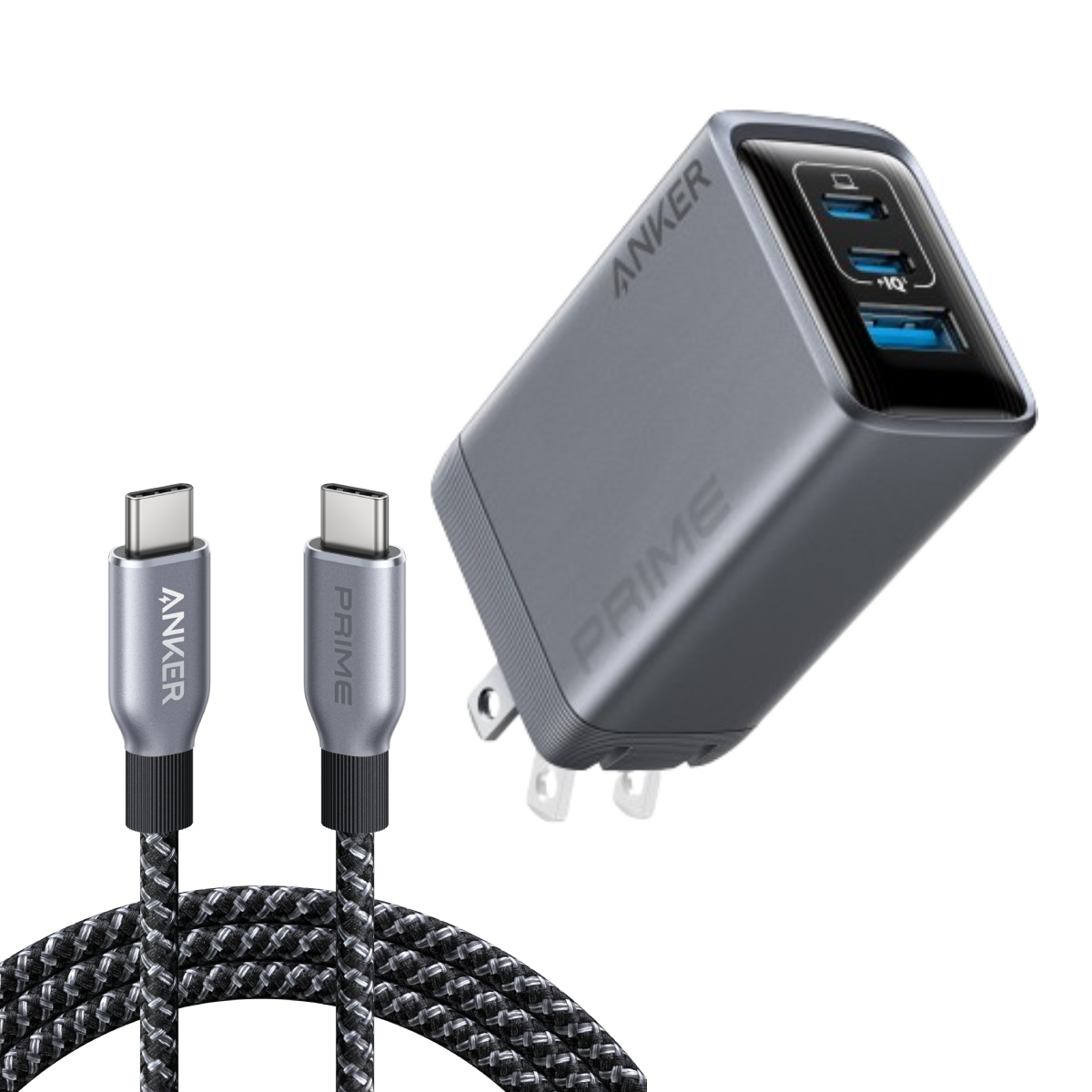 Prime Charger (100W, 3 Ports, GaN) and USB-C to USB-C Cable (240W, 6 ft) V1