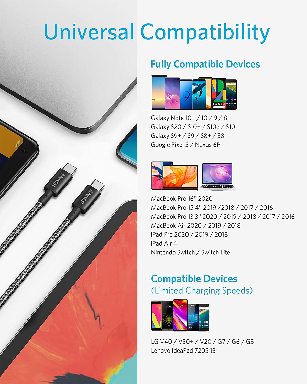 New Nylon USB-C to USB-C 100W Cable (10 ft) Z9