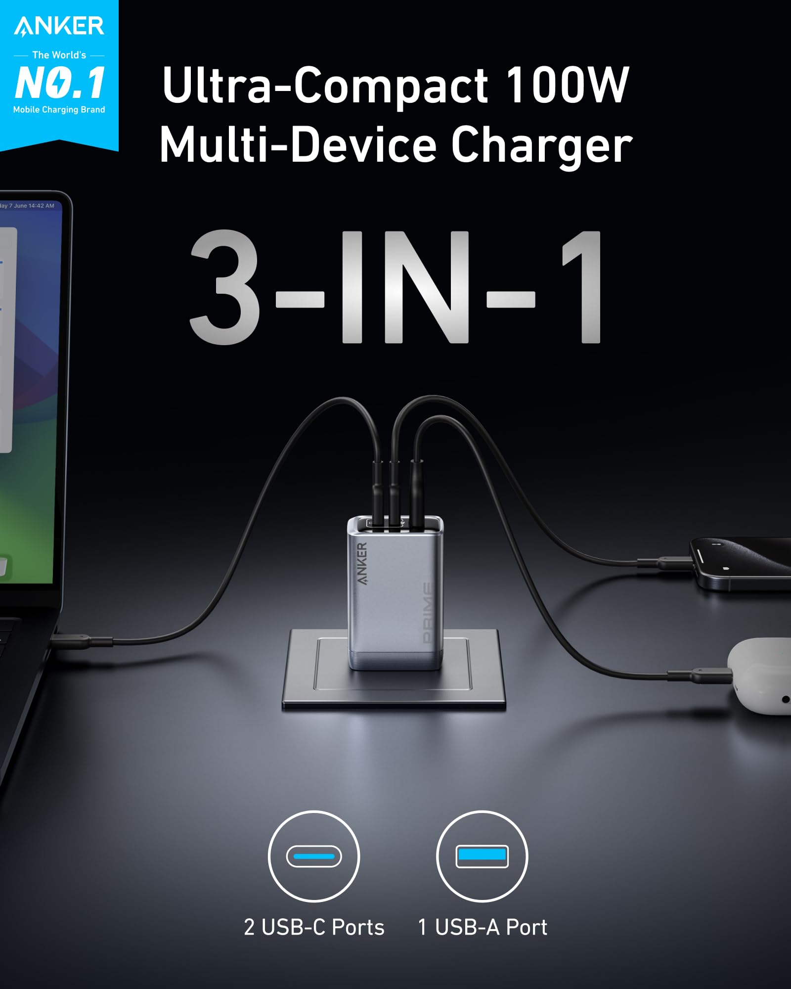Prime Charger (100W, 3 Ports, GaN) and Prime USB-C to USB-C Cable (240W, Upcycled-Braided) L1