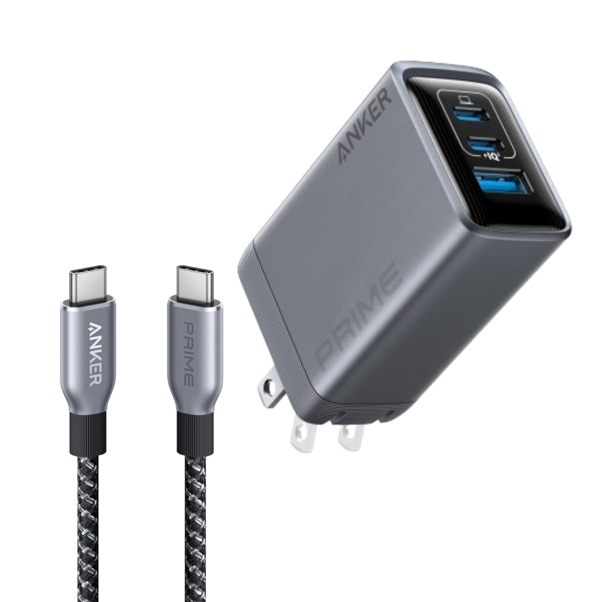 Prime Charger (100W, 3 Ports, GaN) and Prime USB-C to USB-C Cable (240W, Upcycled-Braided) L1