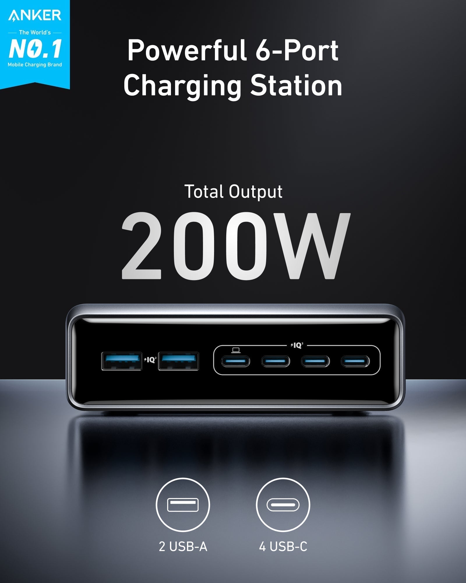 Prime Charger (200W, 6 Ports, GaN) and USB-C to USB-C Cable (6 ft, 240W, Upcycled-Braided) S2