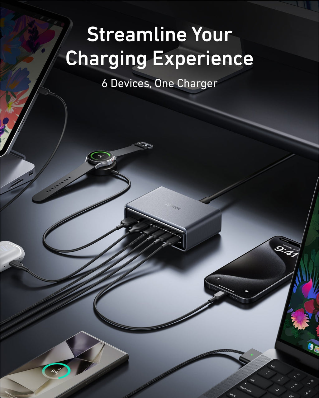 Prime Charger (200W, 6 Ports, GaN) and USB-C to USB-C Cable (6 ft, 240W, Upcycled-Braided) S2