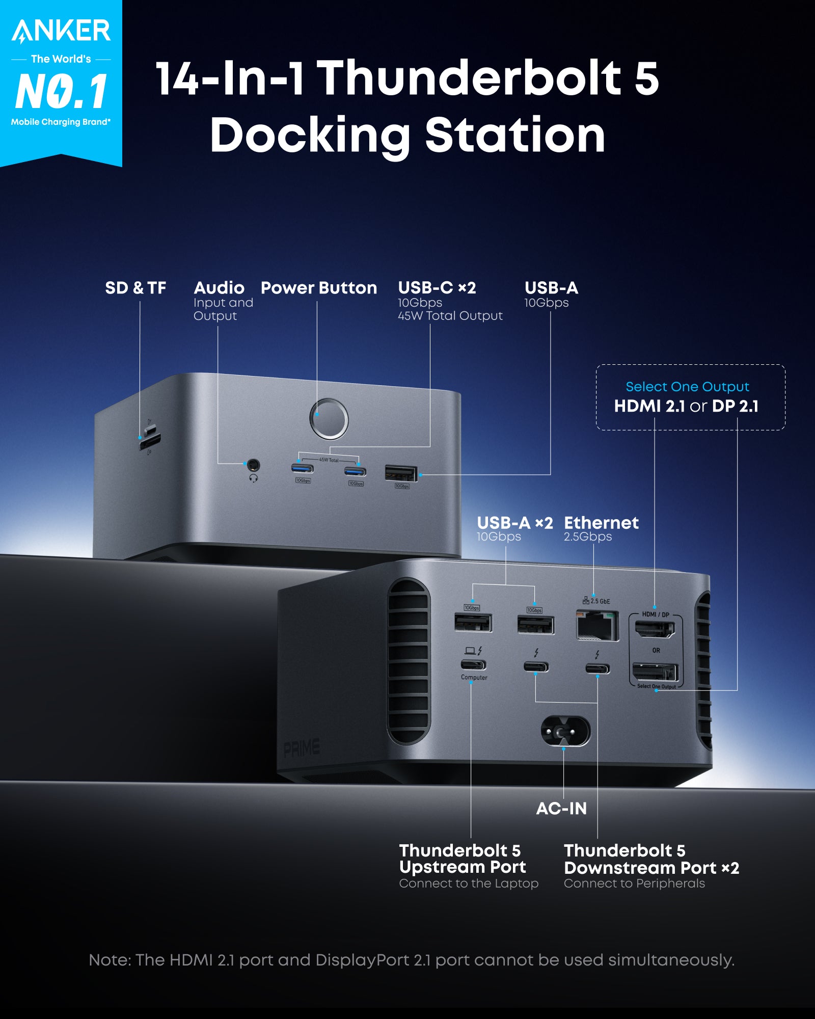 Prime TB5 Docking Station (14-in-1, 8K, Thunderbolt 5) and Thunderbolt 5 Cable (3.3 ft, 80Gbps, 240W) Q6