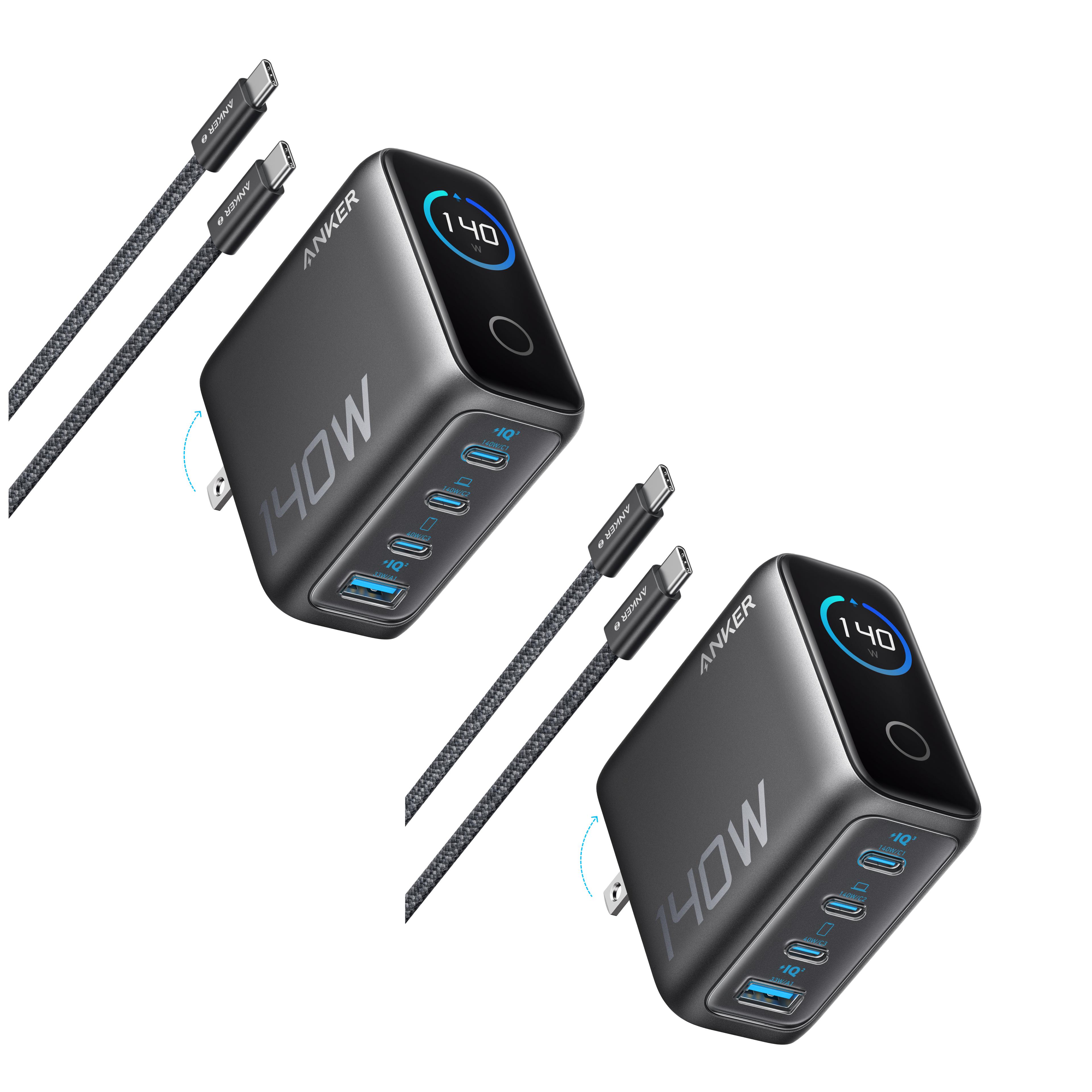 2-Pack Laptop Charger (140W, 4-Port, PD 3.1) with 2-Pack USB-C Cable T4