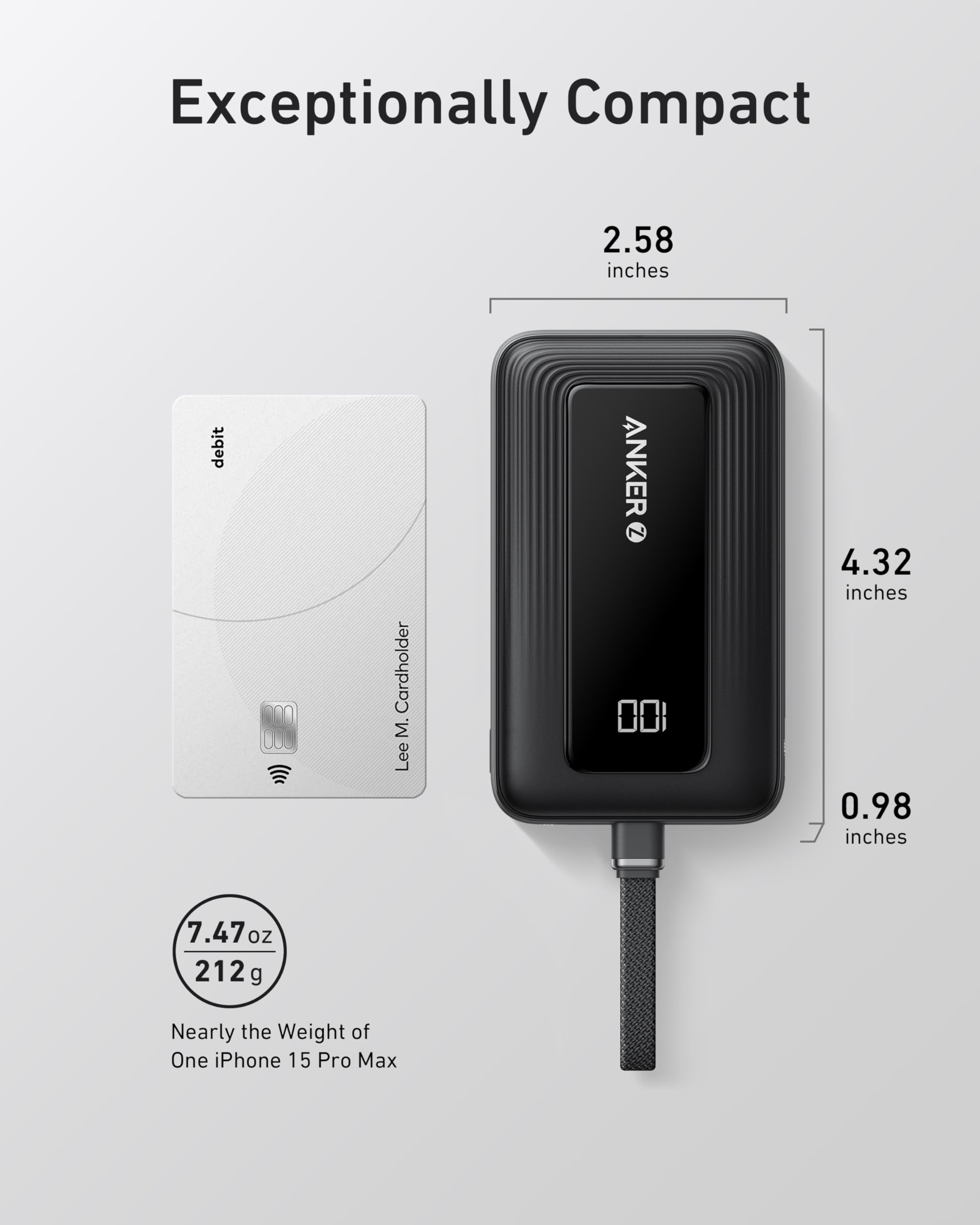 Zolo Power Bank (10K, 30W) with a 5.4-inch (13.7 cm) built-in USB-C cable. I3