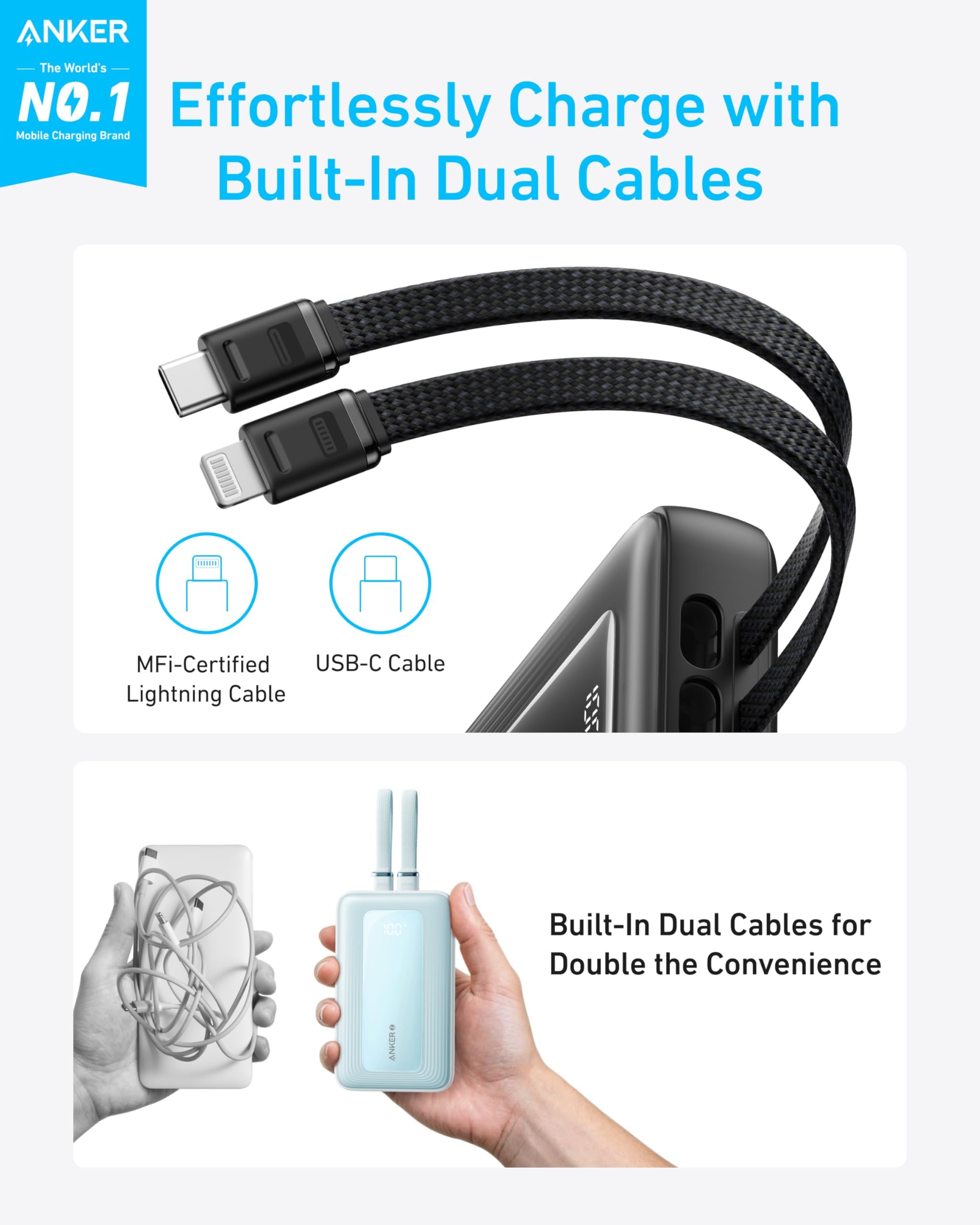 Zolo Power Bank (20K, Built-In USB-C and Lightning Cable) L5