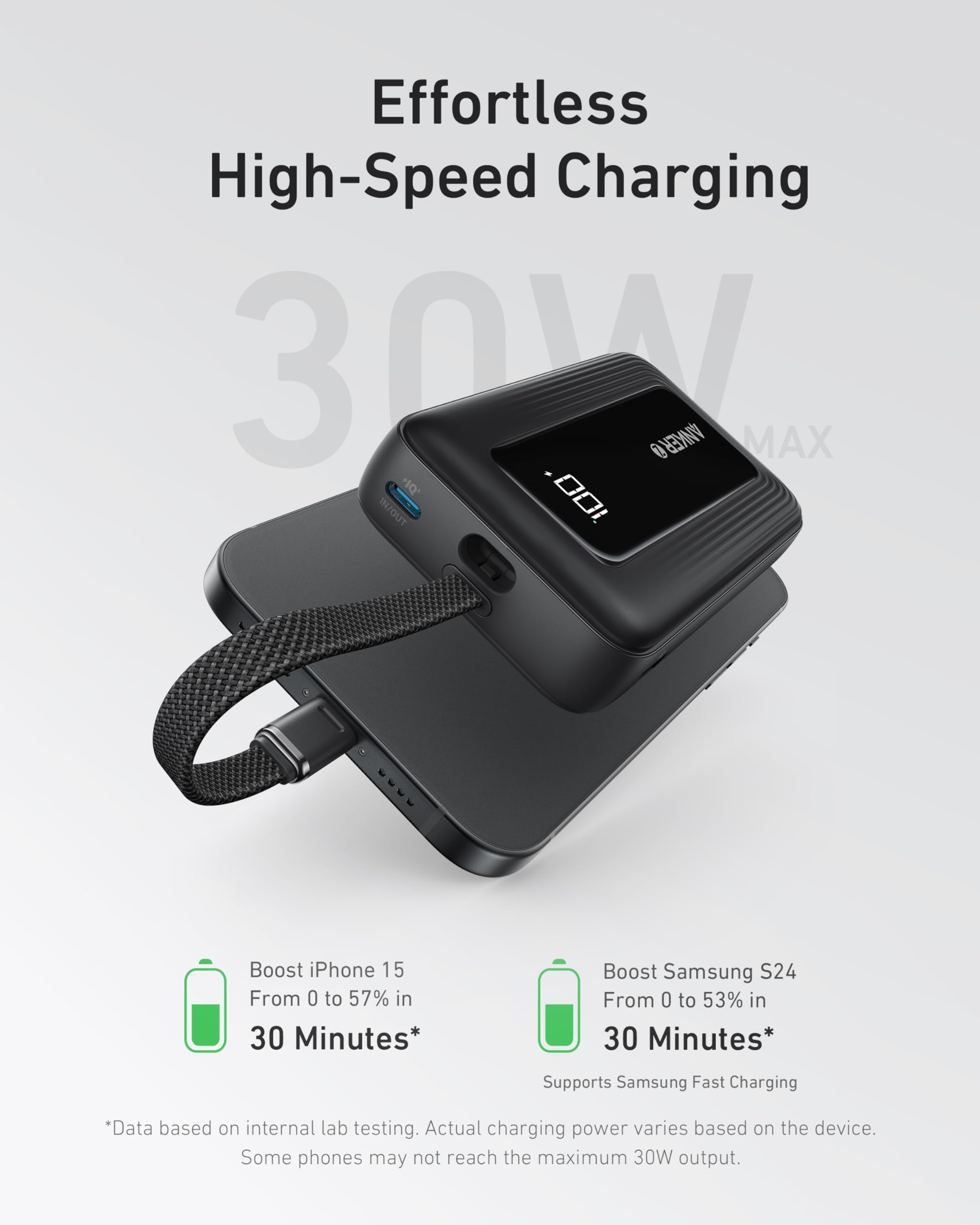 Refurbished Zolo Power Bank (10K, 30W) with a 5.4-inch (13.7 cm) built-in USB-C cable. P9