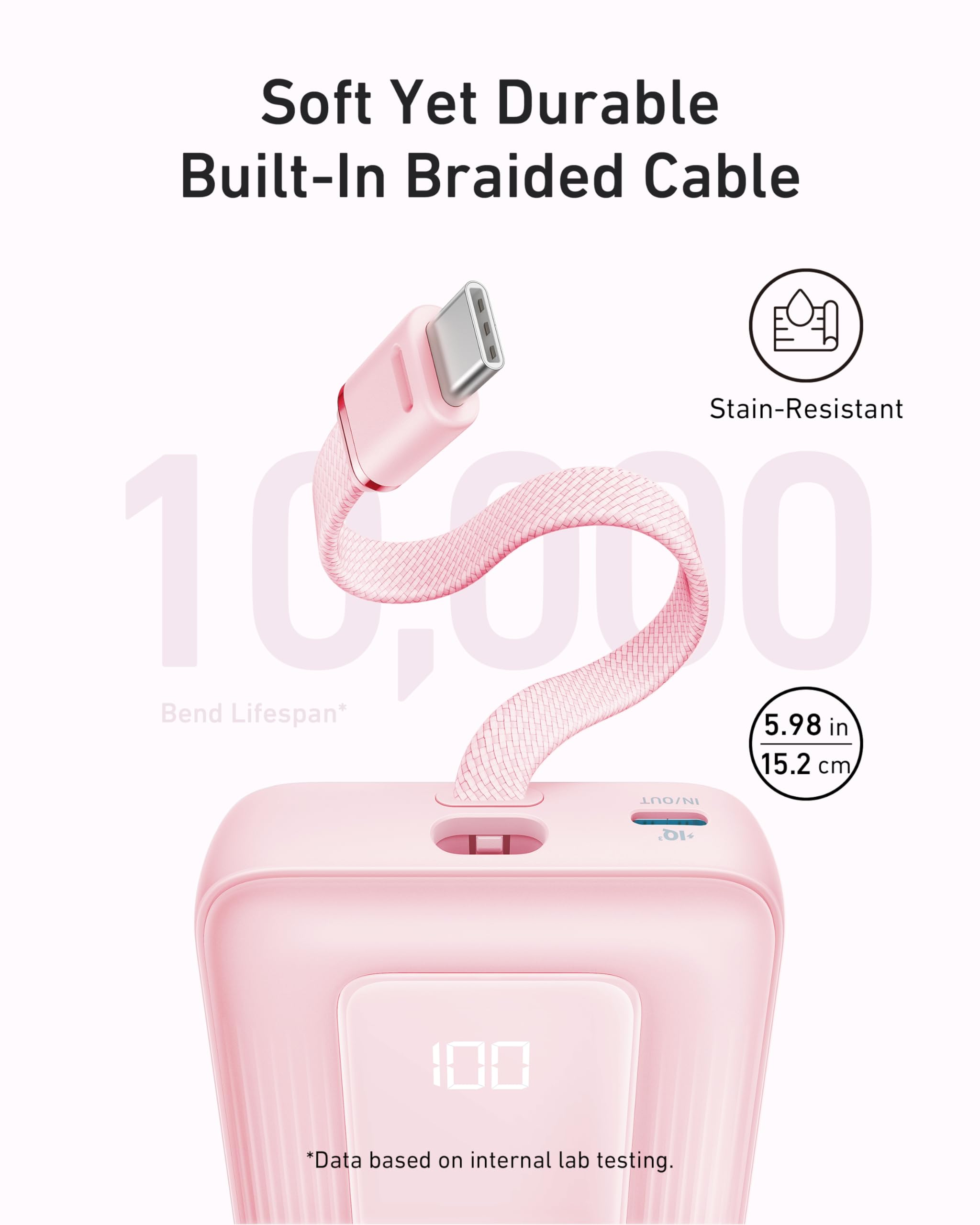 Refurbished Zolo Power Bank (10K, 30W) with a 5.4-inch (13.7 cm) built-in USB-C cable. P9
