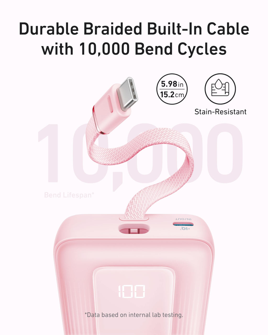 Zolo Power Bank (10K, 30W) with a 5.4-inch (13.7 cm) built-in USB-C cable. I3