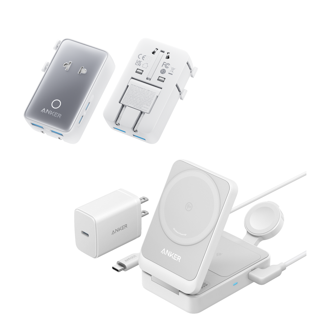MagGo Wireless Charging Station (Foldable 3-in-1) and Nano Travel Adapter (5-in-1, 20W, 1-Pack) V2
