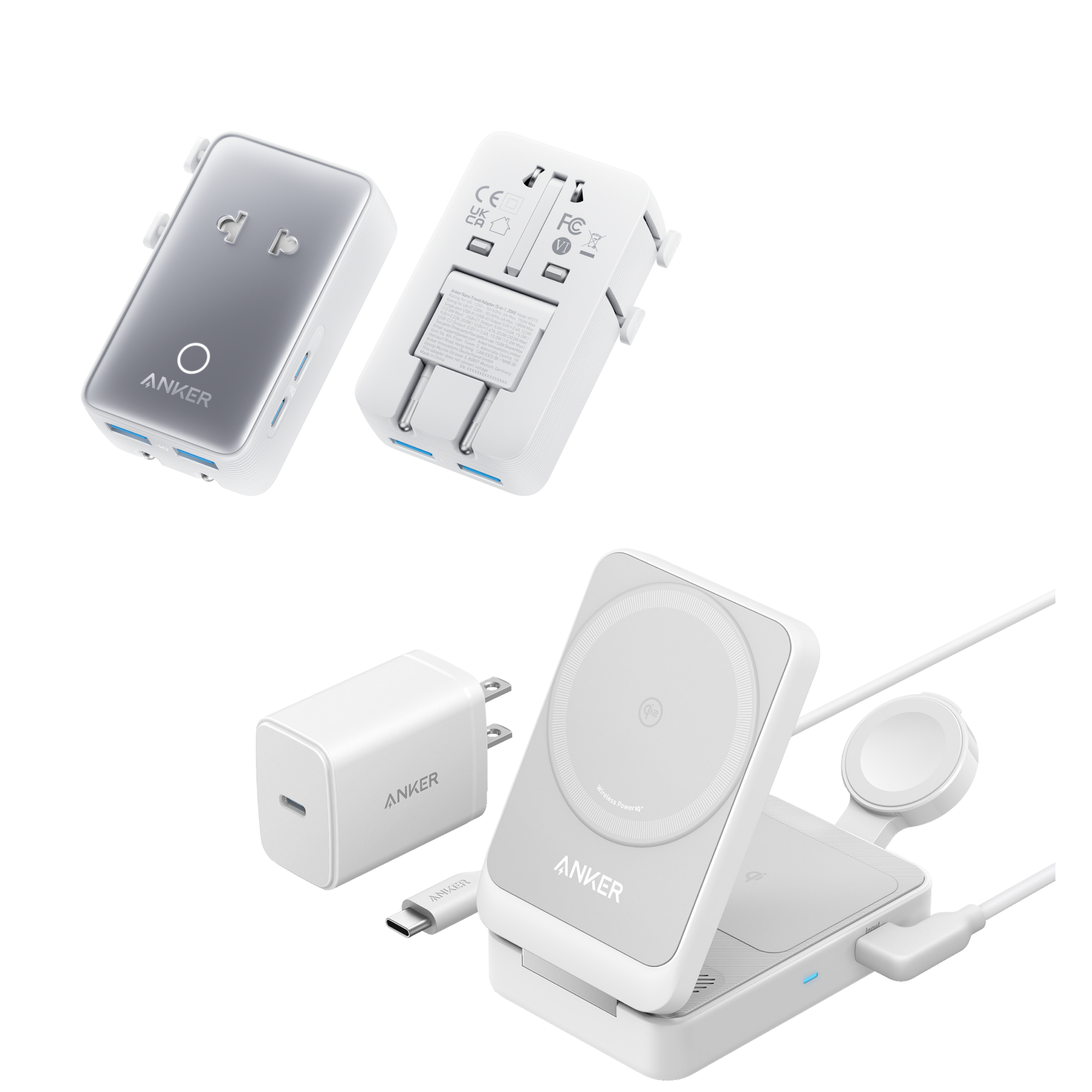 MagGo Wireless Charging Station (Foldable 3-in-1) and Nano Travel Adapter (5-in-1, 20W, 1-Pack) V2