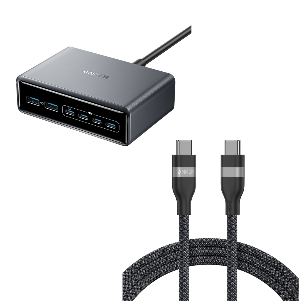 Prime Charger (200W, 6 Ports, GaN) and USB-C to USB-C Cable (6 ft, 240W, Upcycled-Braided) S2