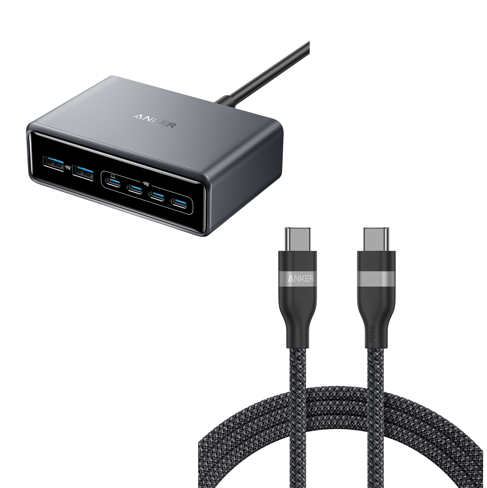 Prime Charger (200W, 6 Ports, GaN) and USB-C to USB-C Cable (6 ft, 240W, Upcycled-Braided) S2