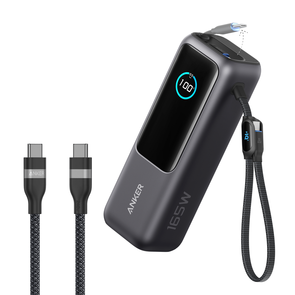 Laptop Power Bank (25K, 165W, Built-In and Retractable Cables) and USB-C to USB-C Cable (6 ft, 240W, Upcycled-Braided) C2