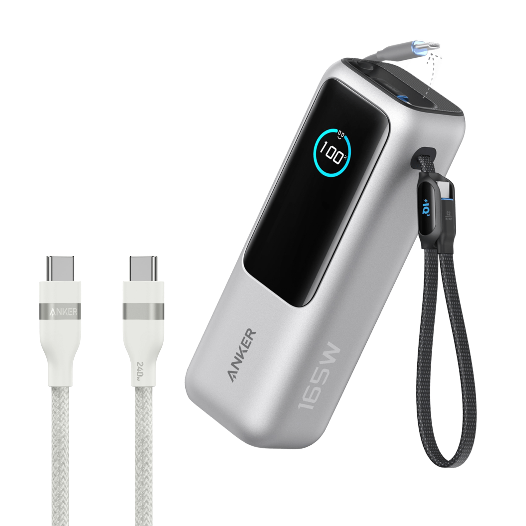 Laptop Power Bank (25K, 165W, Built-In and Retractable Cables) and USB-C to USB-C Cable (6 ft, 240W, Upcycled-Braided) C2