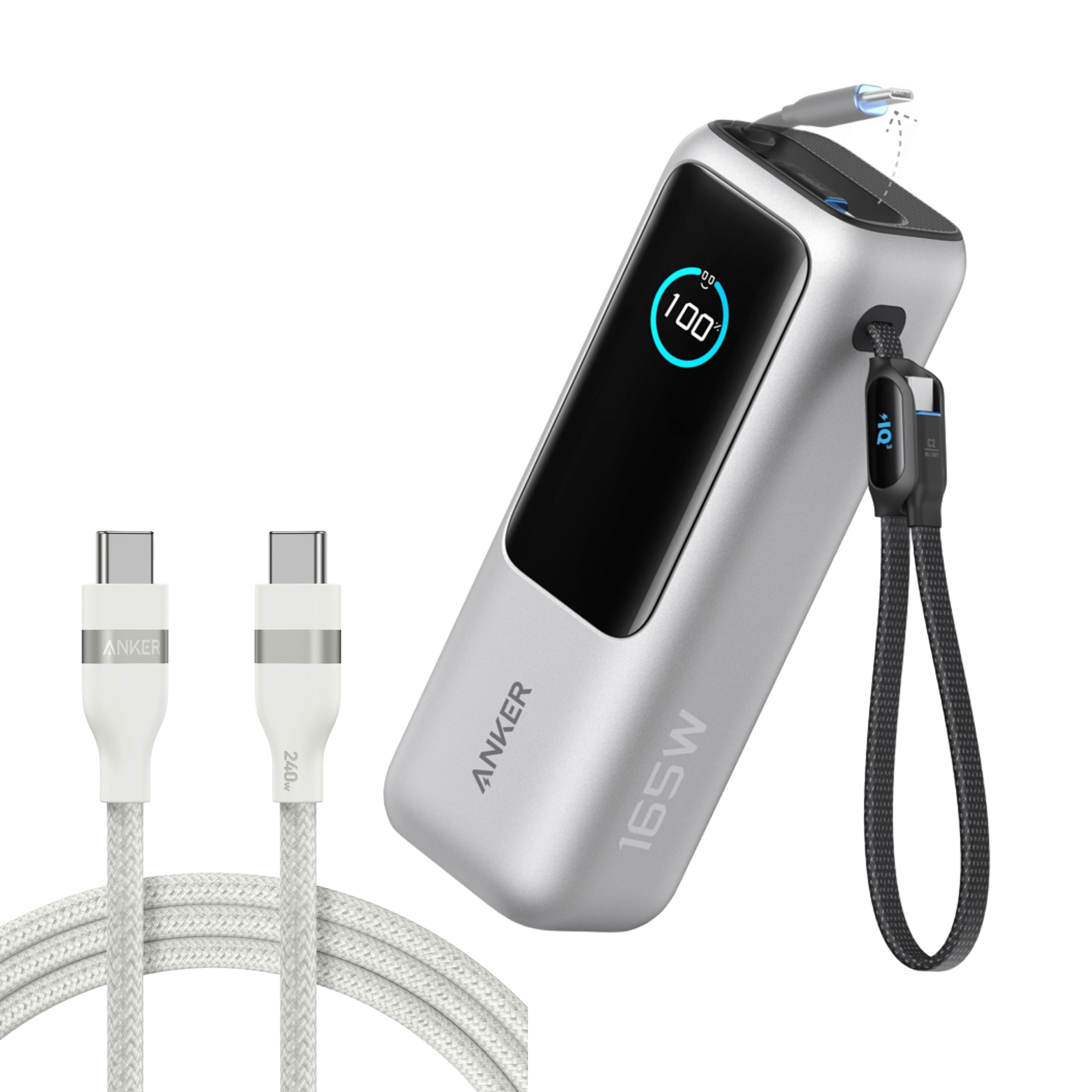 Laptop Power Bank (25K, 165W, Built-In and Retractable Cables) and USB-C to USB-C Cable (6 ft, 240W, Upcycled-Braided) C2