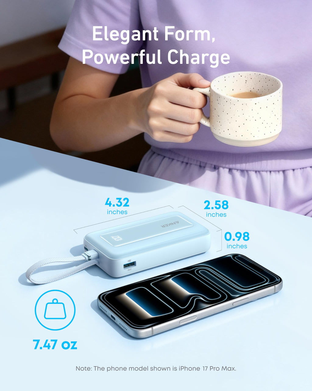 Zolo Power Bank (10K, 30W) with a 5.4-inch (13.7 cm) built-in USB-C cable. I3