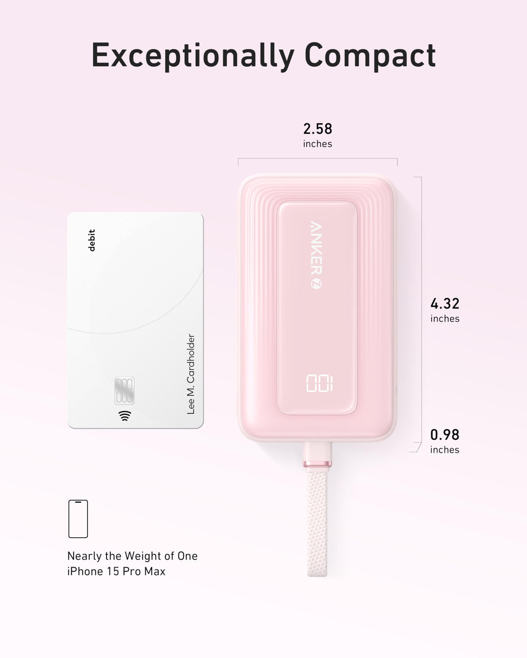 Zolo Power Bank (10K, 30W) with a 5.4-inch (13.7 cm) built-in USB-C cable. I3