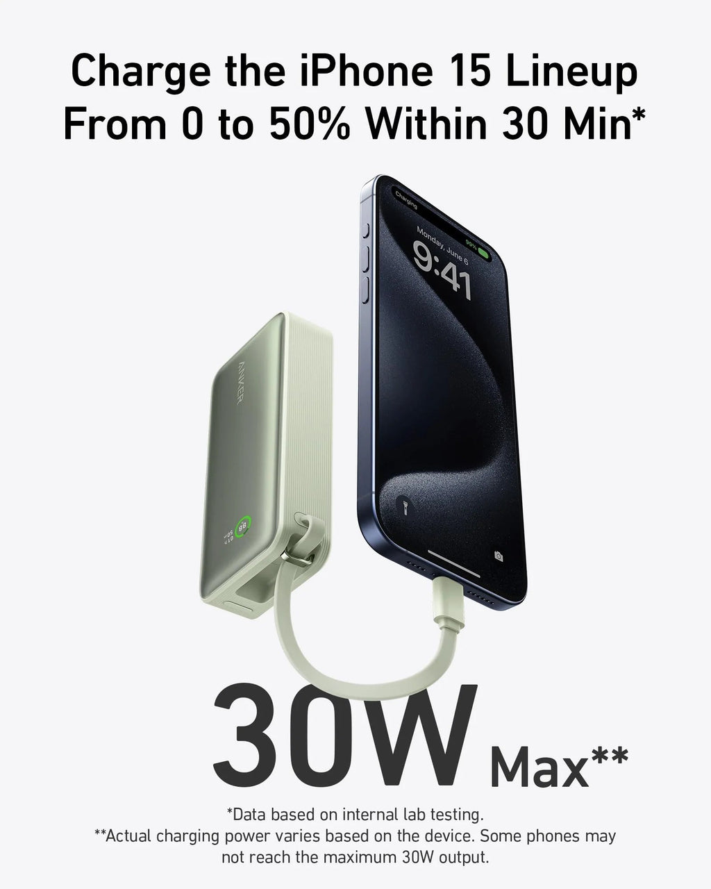 Nano Power Bank (30W, Built-In USB-C Cable) X0