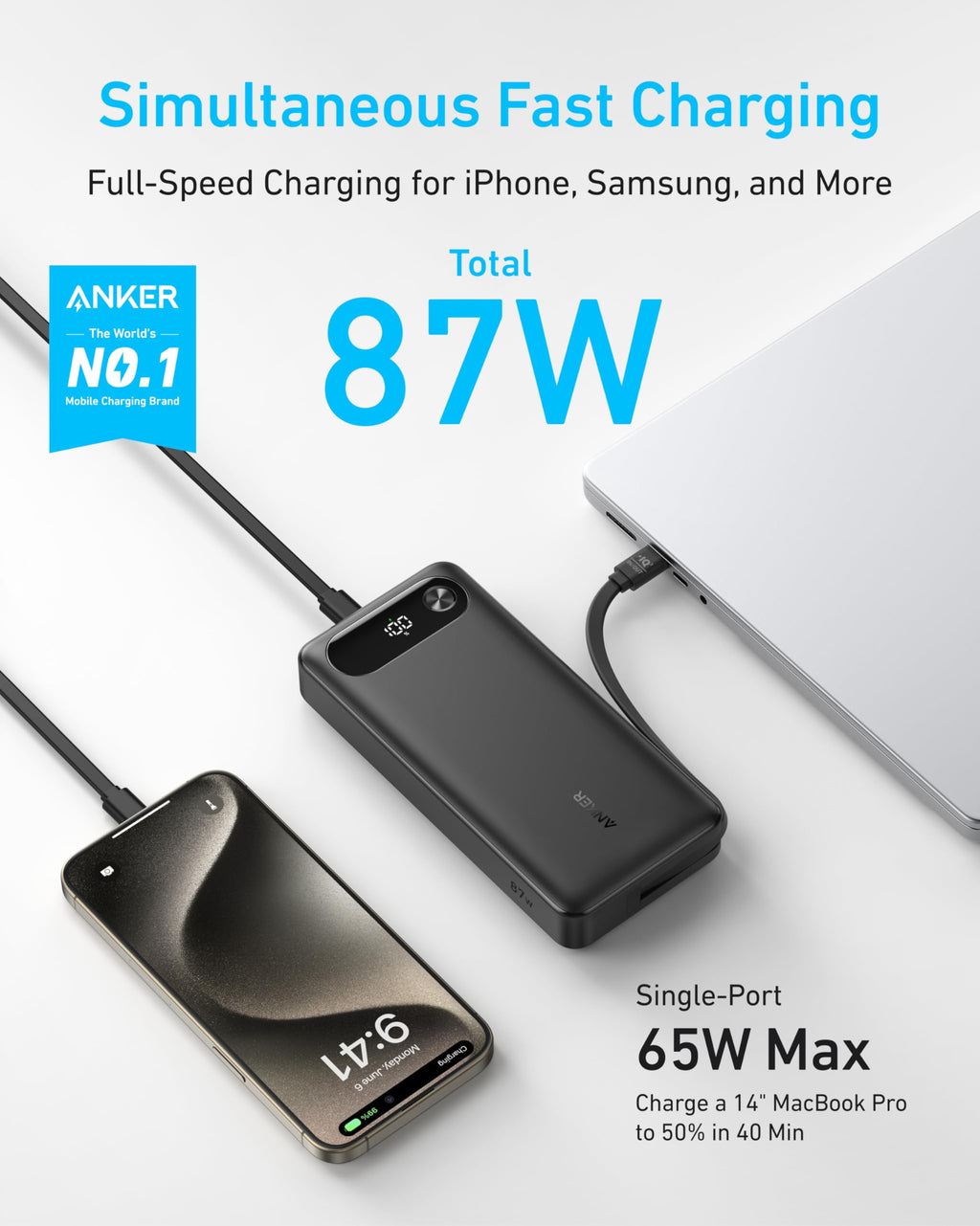 Power Bank (20K, 87W, Built-In USB-C Cable) P1