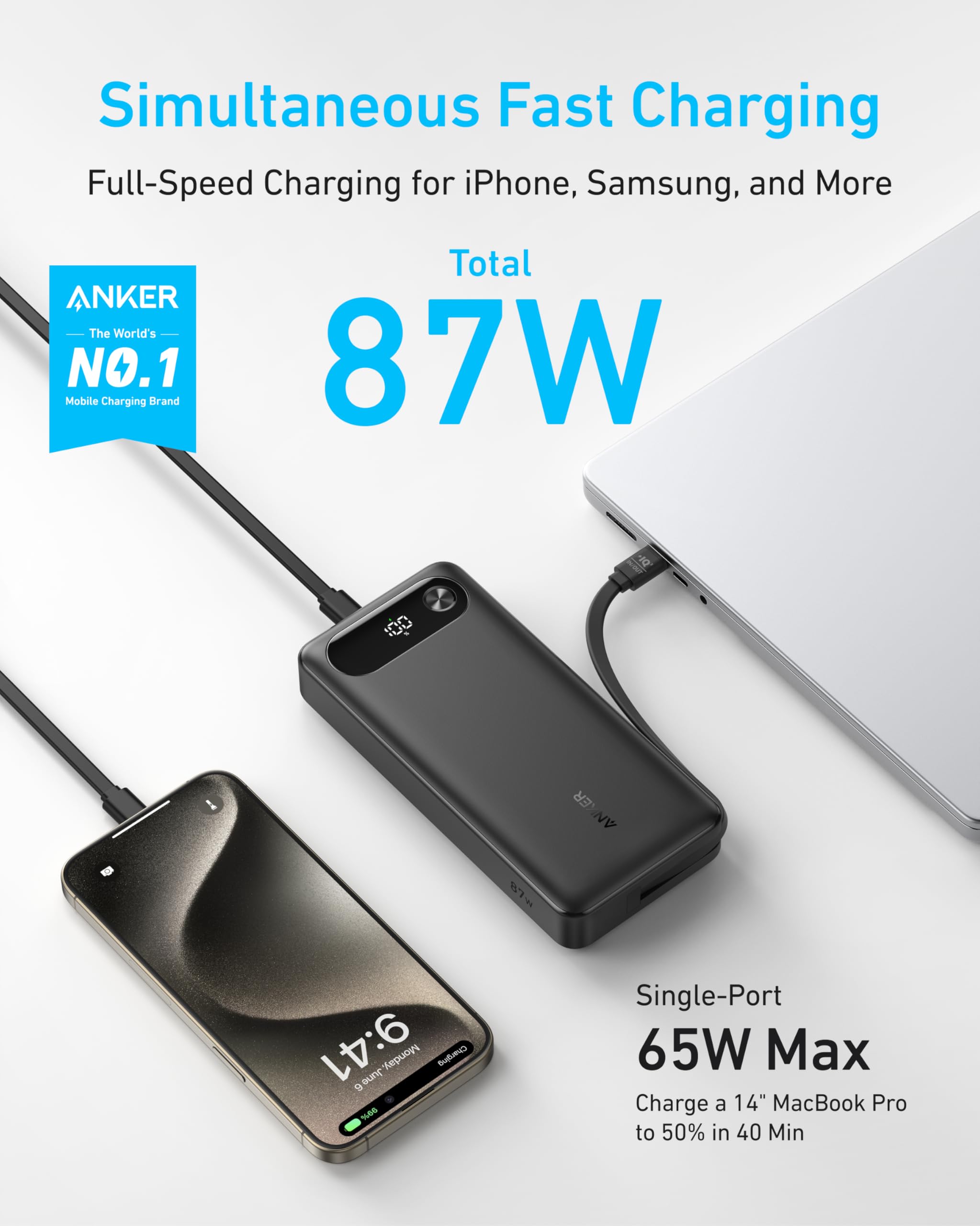 Power Bank (20K, 87W, Built-In USB-C Cable) | Customizable X6